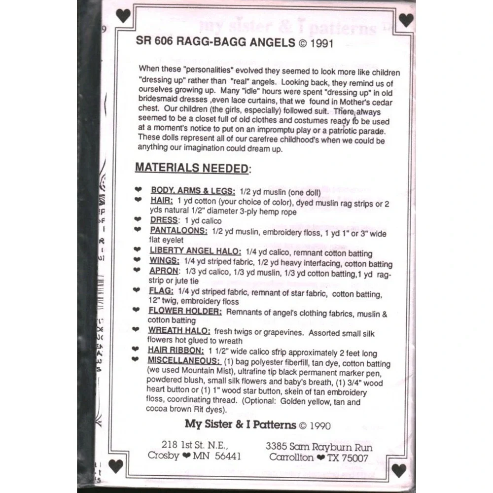 Vintage 1991 My Sister & I Patterns SR 606 Ragg-Bagg Angels 24 Inch Doll Pattern